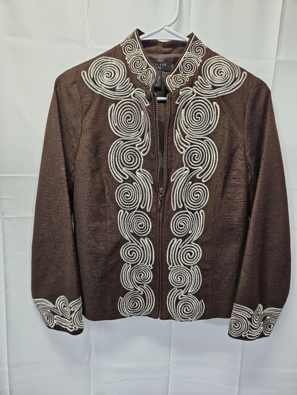 Silkland Petite Brown Embroidered Women's Silk Jacket with Cream Swirl Detail